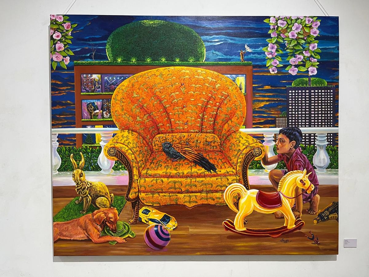 अनीश वी की एक पेंटिंग, ब्रॉडएंड का हिस्सा, ललित कला महाविद्यालय, तिरुवनंतपुरम में चित्रकला, मूर्तिकला और अनुप्रयुक्त कलाओं की एक प्रदर्शनी 