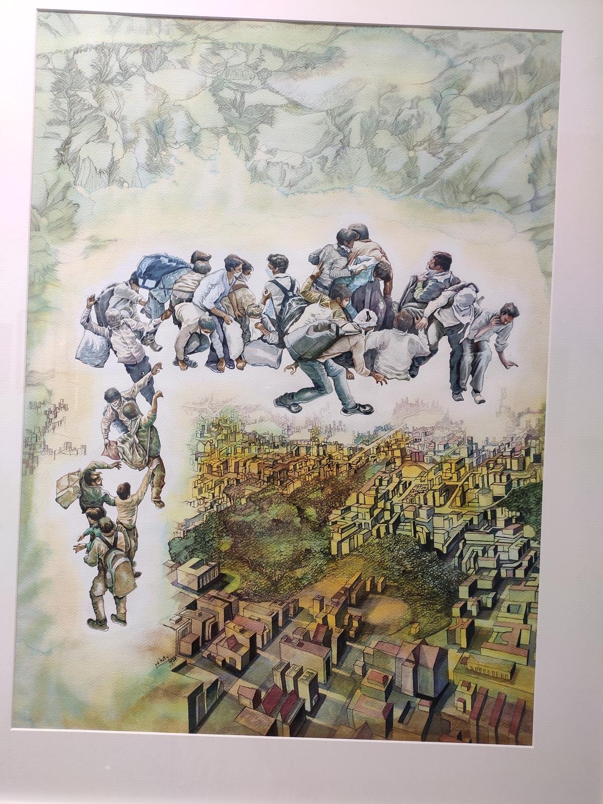 फ़्लाइट टू होम, नारायणनकुट्टी के द्वारा एक जलरंग प्रदर्शनी, ब्राओडेन्ड, ललित कला महाविद्यालय, तिरुवनंतपुरम में।